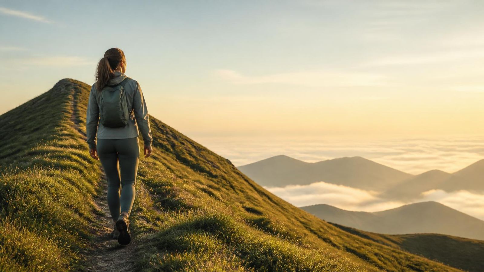A woman walking up a mountain path at sunrise